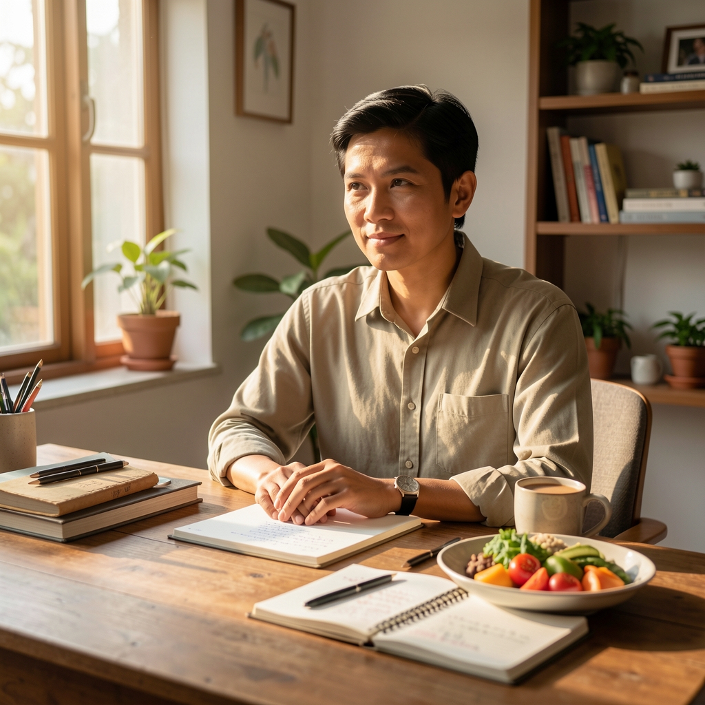 Indonesian editorial writer at a wooden desk with food notes and morning sunlight