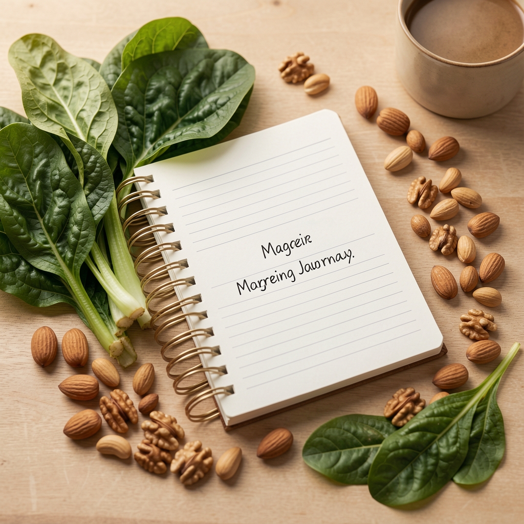 Bowl of nuts, spinach and whole grains beside a neatly written daily supplement journal