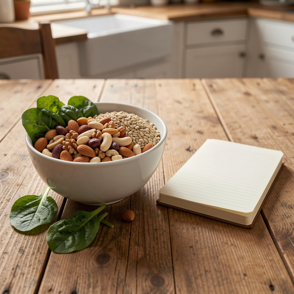 Bowl of mixed nuts, leafy greens and whole grains beside a small notebook on a wooden kitchen table