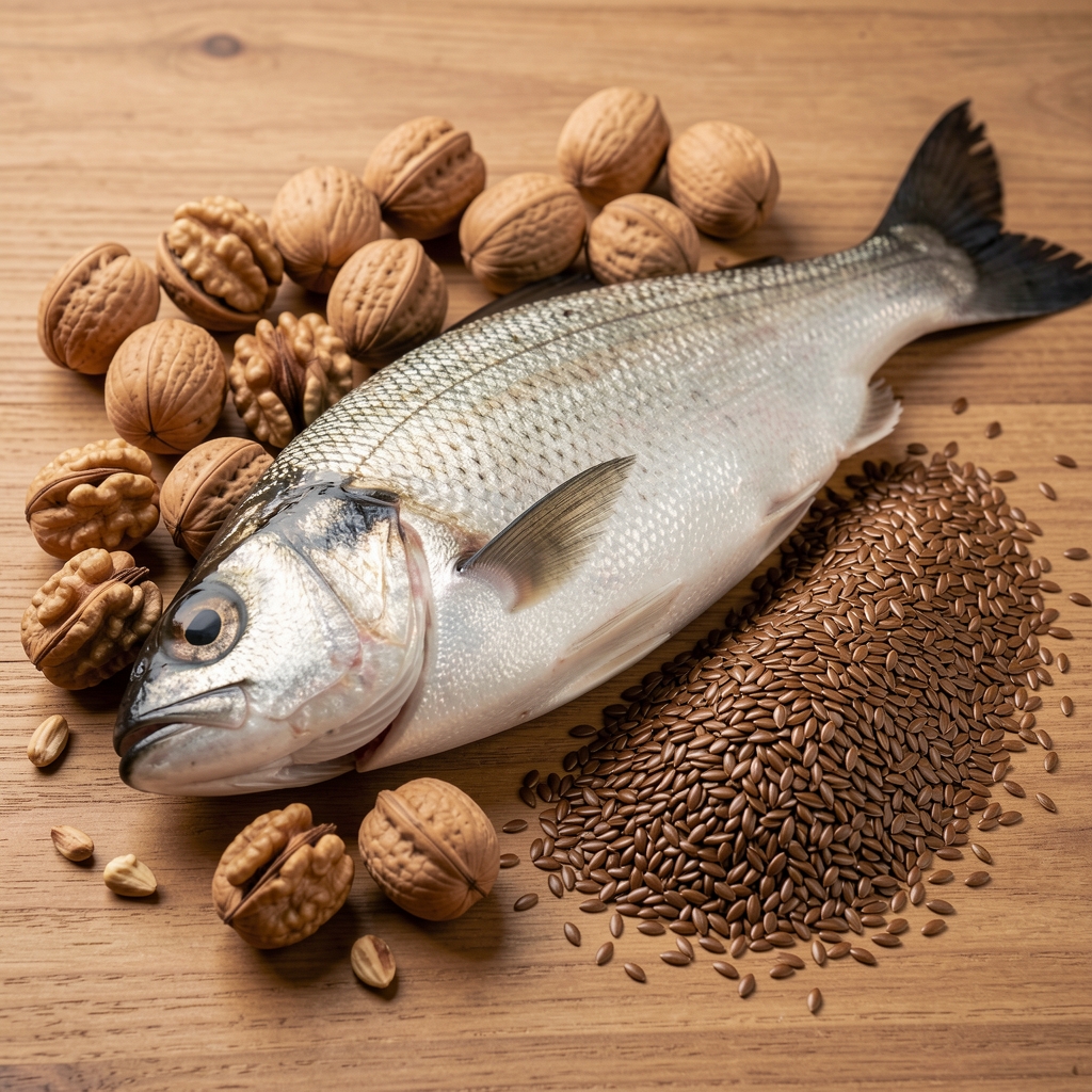 Walnuts and fish on a pale kitchen table with a Jakarta work calendar