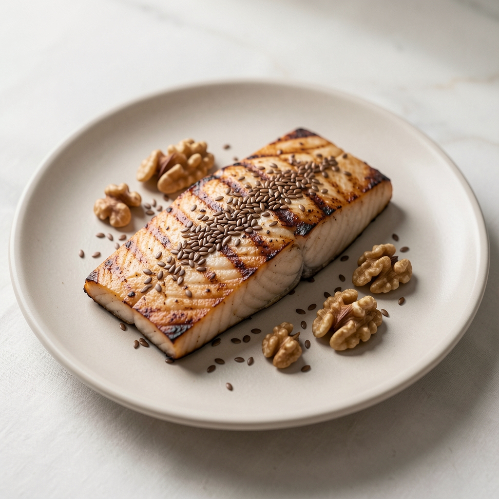Grilled fish fillet, flaxseed and walnuts arranged on a plain plate with soft natural daylight