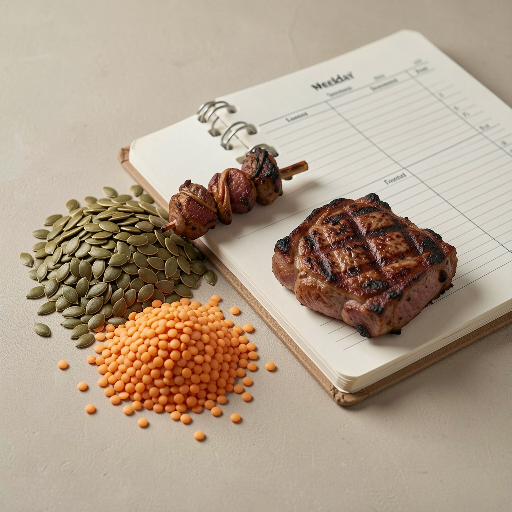 Seeds and legumes beside a folded training shirt and handwritten zinc notes