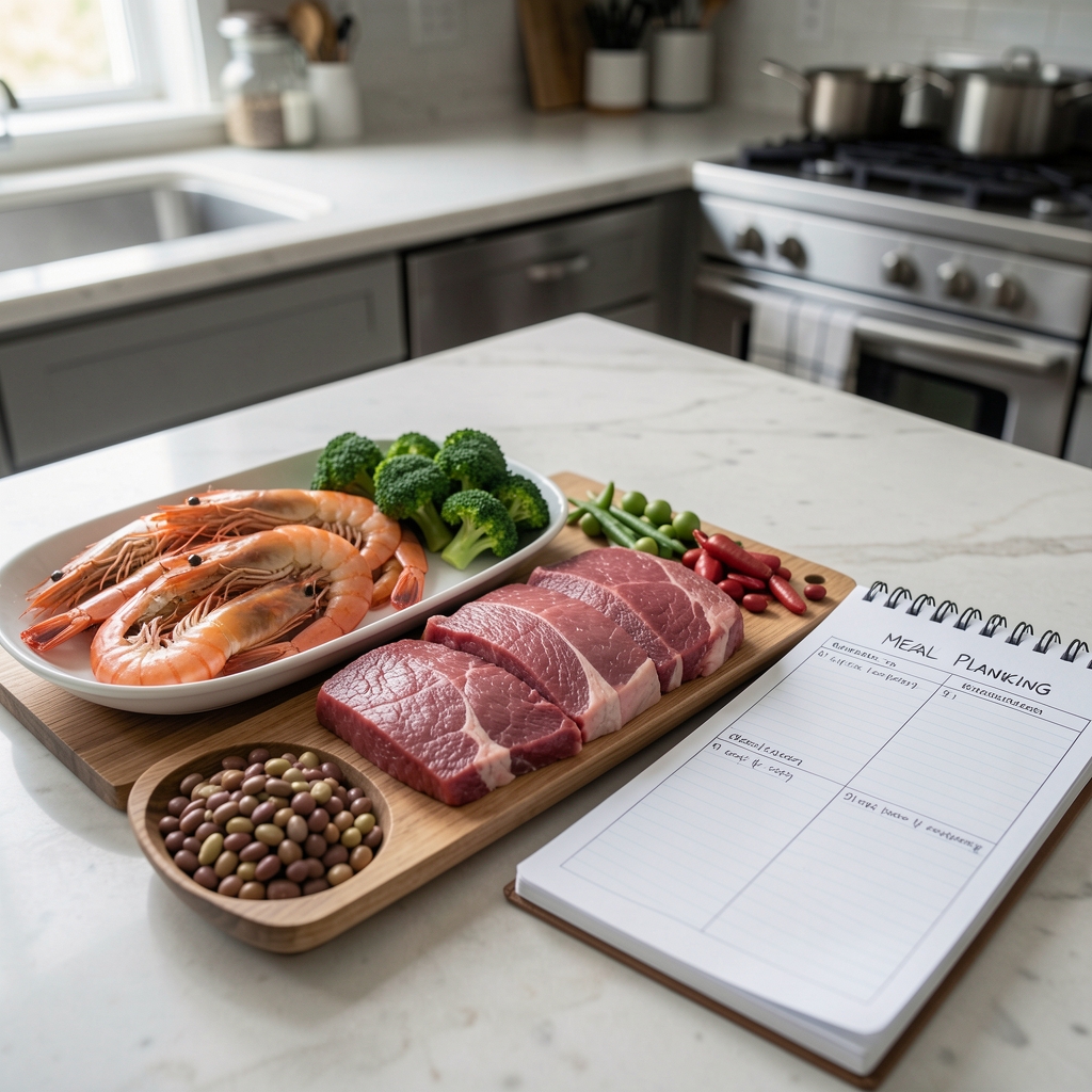 Seafood, lean meat and legumes laid out on a kitchen counter beside a weekly meal planning notebook