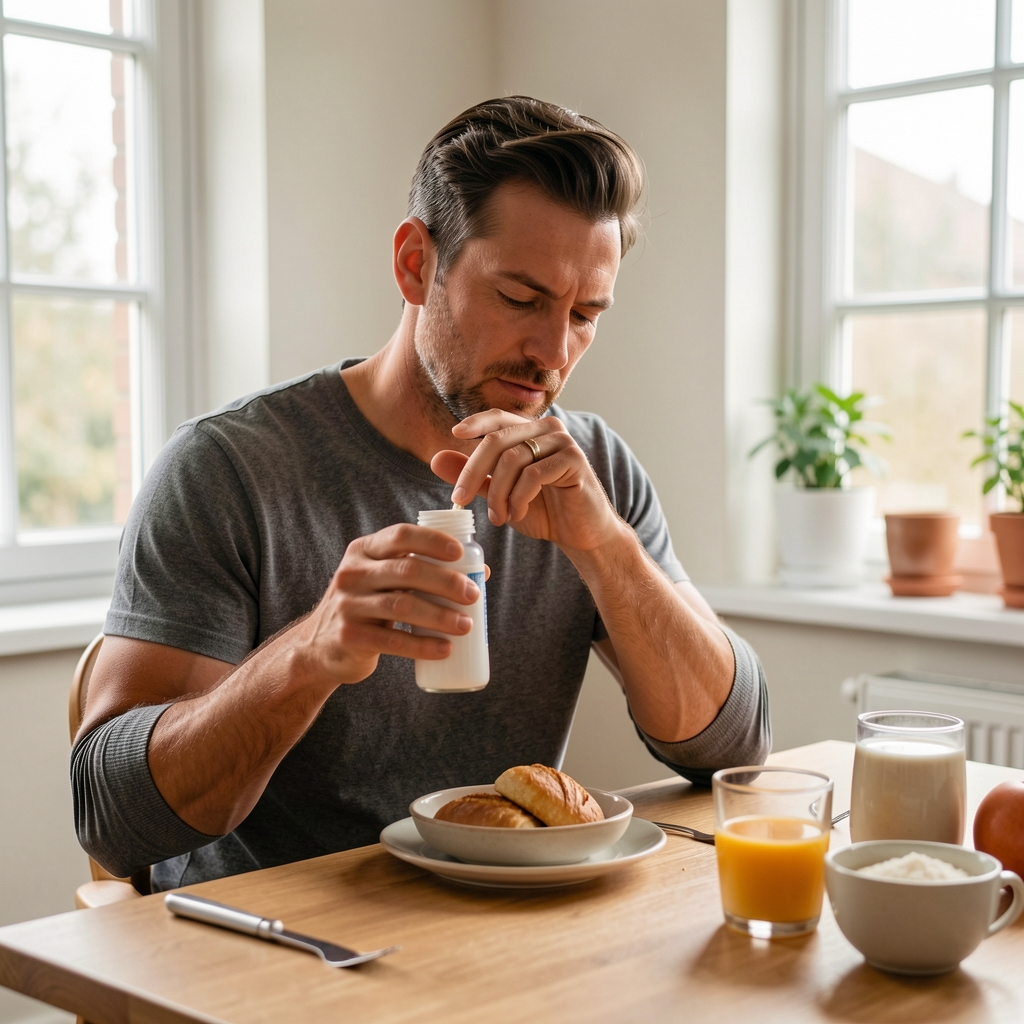 Active Jakarta man preparing a thoughtful morning supplement and breakfast routine in natural window light